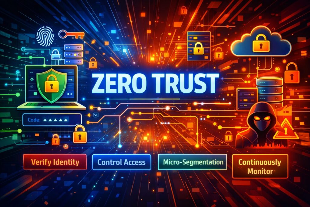 Illustration of cybersecurity concept "Zero Trust Architecture," with icons for verifying identity, controlling access, micro-segmentation, and continuous monitoring on a digital background. Zero trust architecture explained visually.