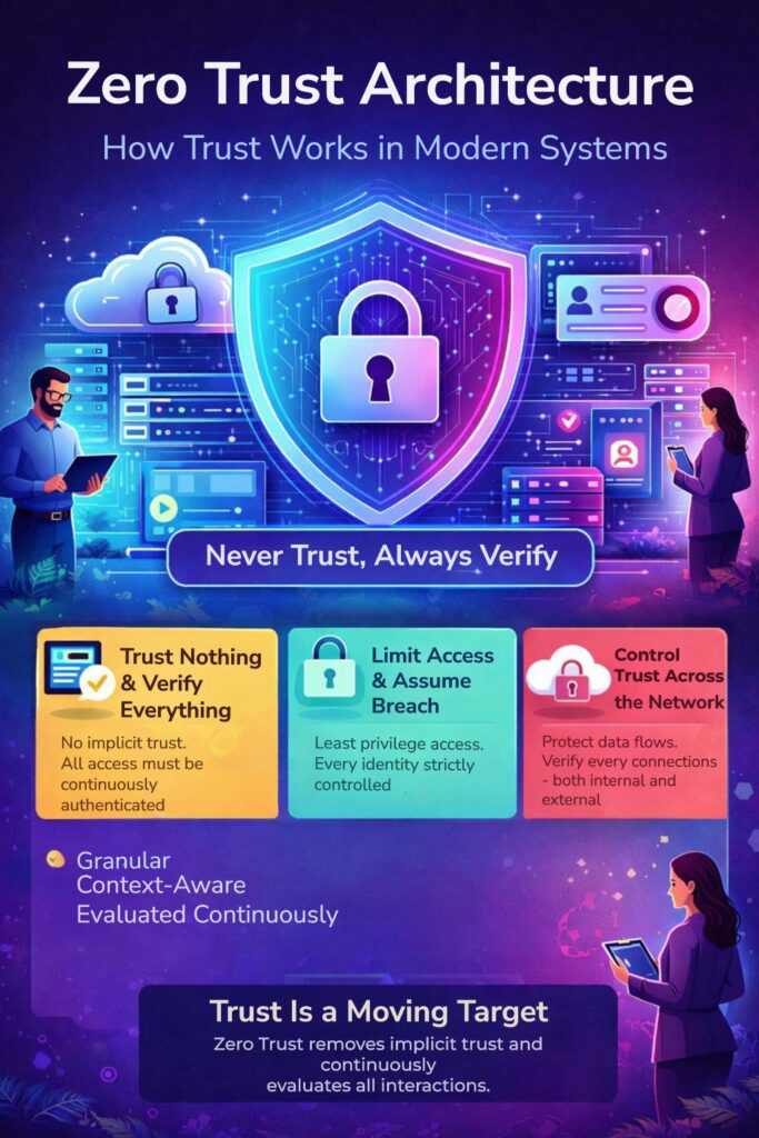 Infographic explaining zero trust architecture, featuring a large padlock, three trust principles, and the statement "Never Trust, Always Verify" surrounded by people using digital devices. Zero trust security model concepts are clearly illustrated.