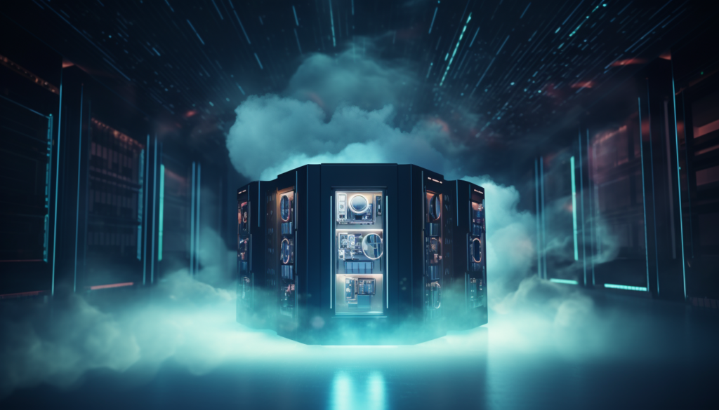 A digital vault that has light beams shooting out of it onto cloud-shaped data icons. 