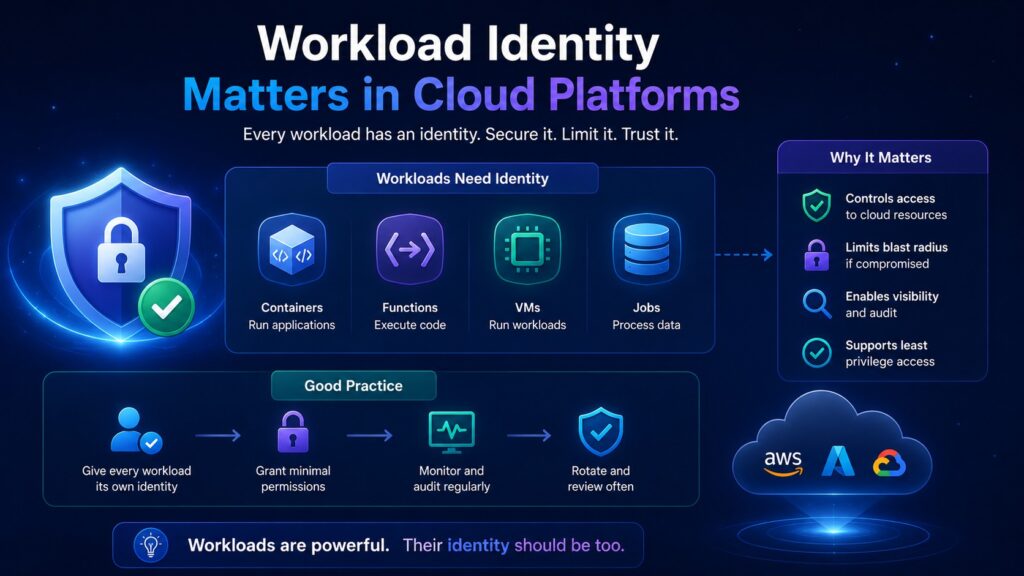 Infographic explaining the importance of workload identity in cloud platforms, highlighting best practices and benefits for containers, functions, VMs, and jobs within a zero trust identity architecture.